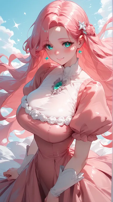 red long hair, aqua eyes, pupils sparkling, longeyelashes, light smile, full blush, pink long dress, puff sleeves, big breast, big butt, 8k, super detail