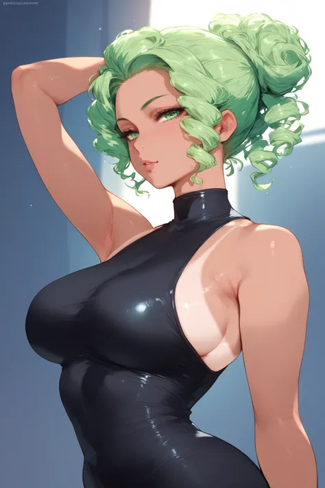 Woman, white skin, tan lines, green hair, curly hair, Hair tied in a bun, ,  green eyes, anime style, Black bodycon dress 