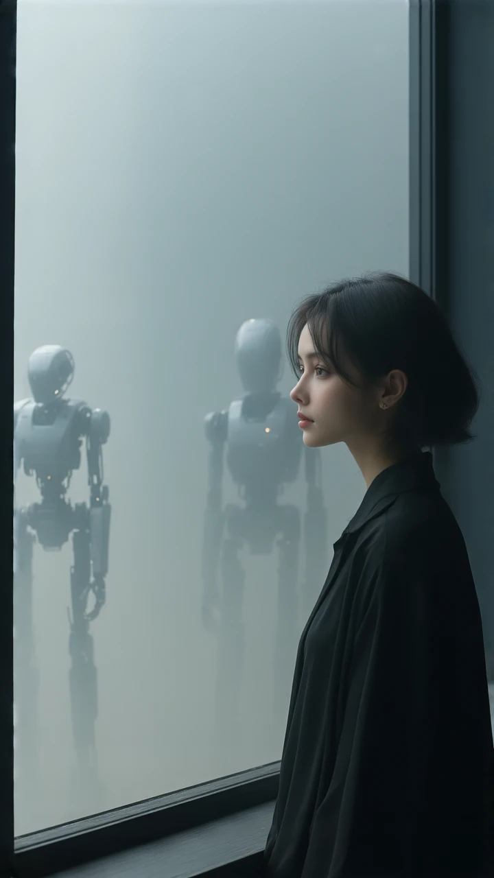 WOMAN WATCHING A WINDOW WHERE THERE ARE robots from SeaArt 