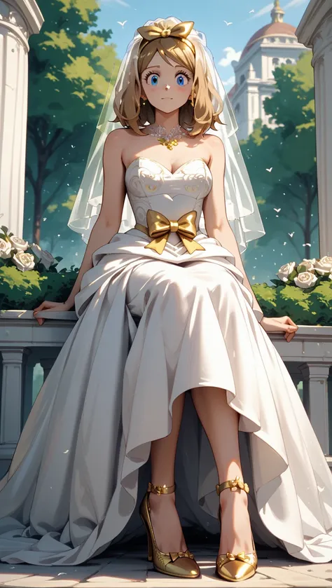 1 girl, {Serena (Pokemon)}, A giant girl sitting, Blue eyes, gold headband in her head, wedding dress, gold bow at the waist, gold heels, footwear, giantess, GTS.