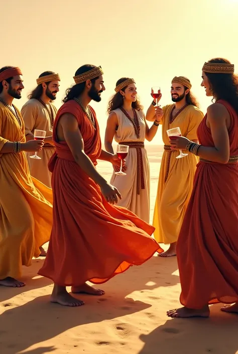 A group of Coptic men and women from ancient times wearing galabiyas and slippers, dancing and drinking alcohol. I want the picture without a background.