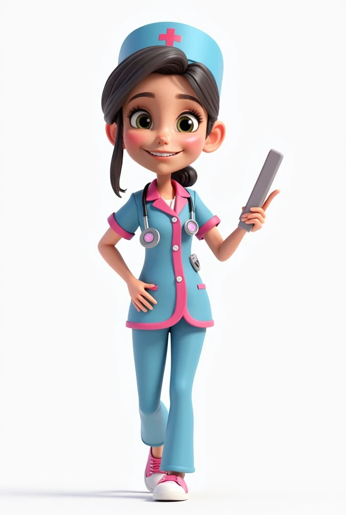 Create a series of poses for a Pixar-style 3D mascot, representing a white female orthopedic specialist nurse, for an orthopedic shoes and sandals store. The character must wear a blue and pink uniform, with orthopedic details, such as a stethoscope and cl...