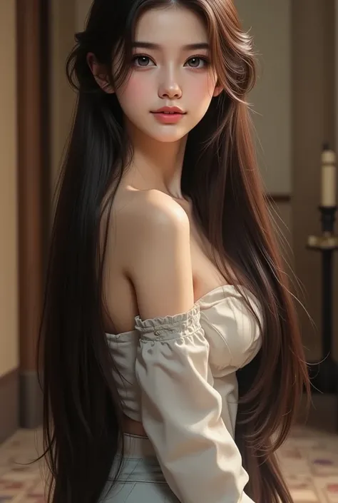 （  top quality 。  highest resolution 。  super realistic photo  。  full body portrait 。） There is a beautiful woman with very long hair  。 More beautiful than a beautiful actress 。  beautiful young woman  。  and has a beautiful and lovely face like a top mo...