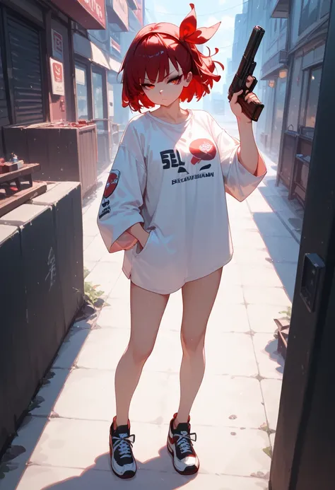 score_9, score_8_up, score_7_up, holding weapon, holding gun, handgun, hand in pocket, aiming, 1girl, chstnshkg, red eyes, short hair, hair ribbon, oversized shirt, bottomless, shoes, sleepy,
