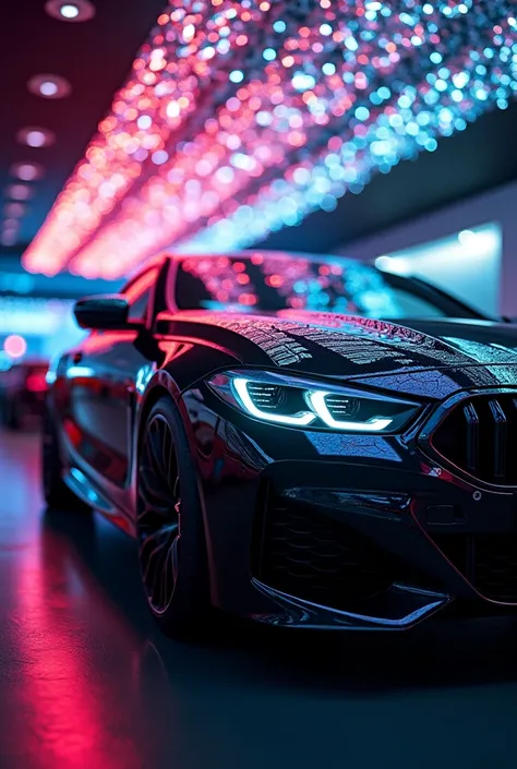 Beautiful black BMW ,  with neon lights and diamonds on the ceiling