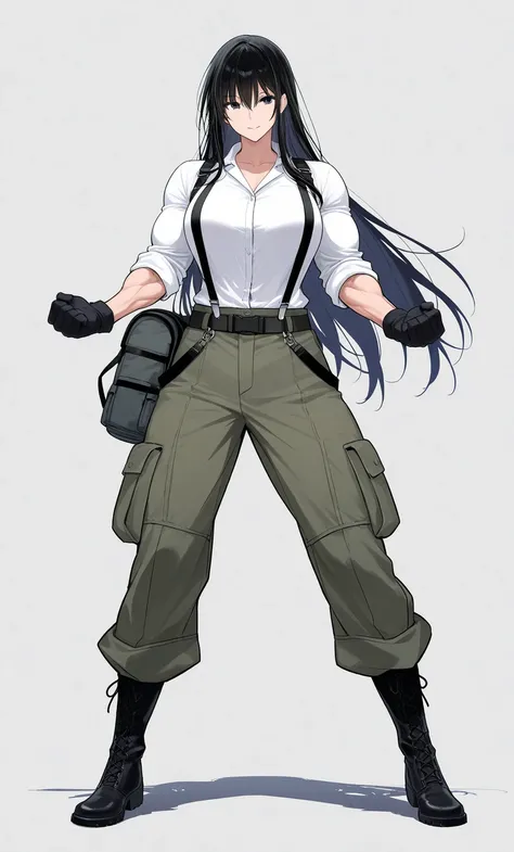 score_9, score_8, score_7, score_6, masterpiece,Adult woman, with a tall stature, long black hair, arms with well-defined muscles, well-defined legs, wearing cargo pants, a shirt with rolled-up sleeves, gloves with the fingertips exposed, suspenders, and s...