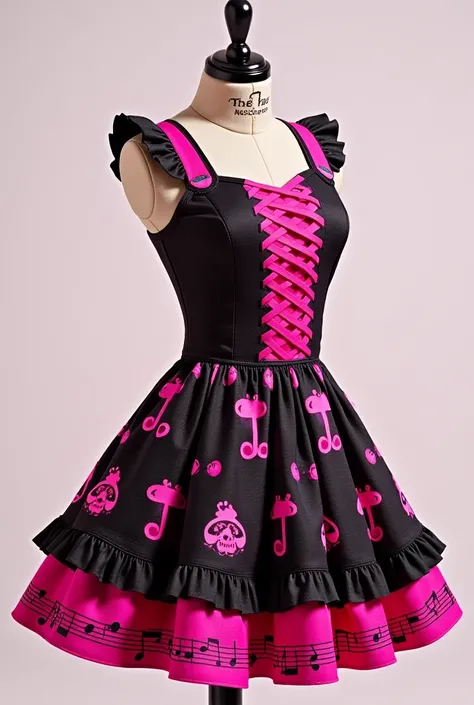  short dress  , rosa and black, Monster high style with musical notes