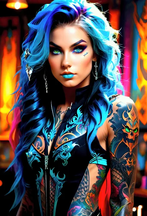 Create a hyper detailed photograph of a tattooed muscular young sexy female deathknight, Stunningly perfect gorgeous feminine face, perfect makeup, detailed neon eyes, long luscious hair, detailed perfect gorgeous face, detailed vibrant eyes,small little b...