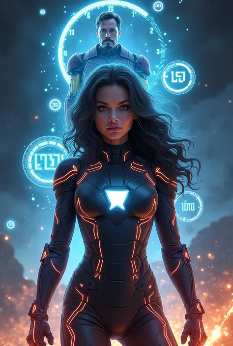 Cover art for a Marvel fanfic. Morgan Stark (young woman with dark wavy hair, wearing a futuristic suit with glowing circuits) stands heroically in front of a fractured timeline. Behind her, a hologram of Tony Stark in Iron Man armor fades into glowing par...