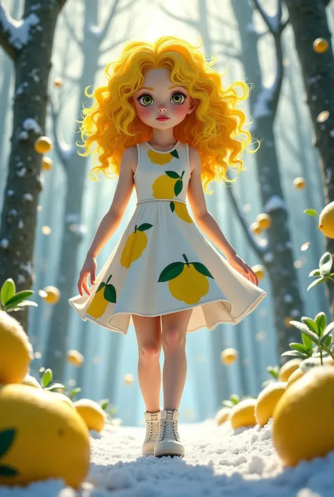 Create a superhero to defeat the lemon monster in the forest with snow and lemon trees and have a  with lemon print and curly hair with lemon print in anime white dress next to her