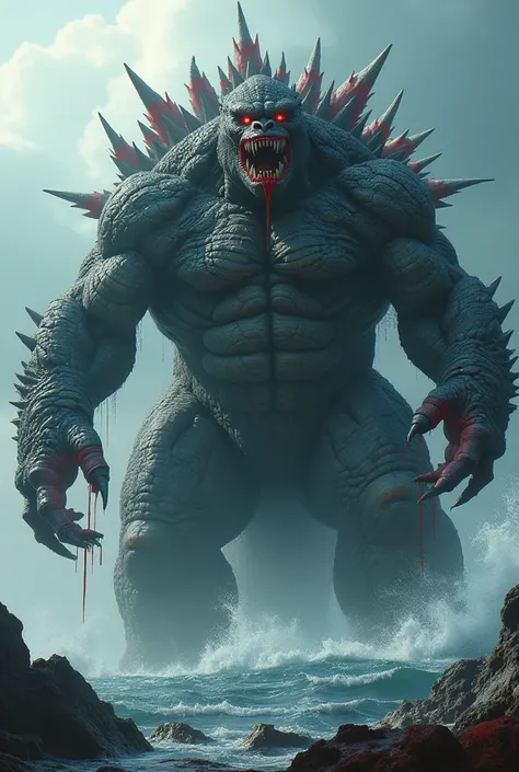 Scary Hybridization of kong and godzilla that handle metal weapon and that have scary bloody red eyes live in biggest ocean 