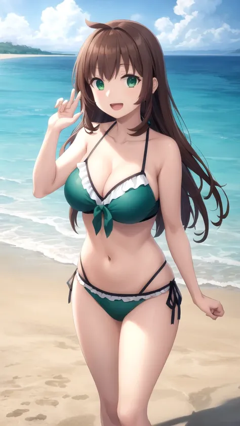 masterpiece, best quality, highres, Kazuma Satou, girl, Brown hair, Green Eyes, large breasts, frilled bikini, beach, standing, smile, open mouth,