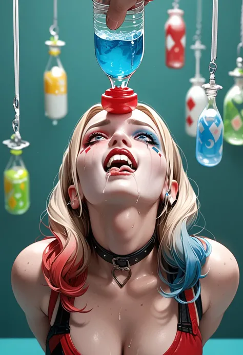 Hanging upside down　喉奥のtorture　asphyxia　 Lots of Drooling、tears　snot　 masturbation　 Harley Quinn , hair,  Female Body,  sweated, Freckles,  high quality　 HD　nsfw　 Rape　Mouth gag　torture　Masochistic Woman 　(((Deep throat with plastic bottles)))　tears　Ahh　