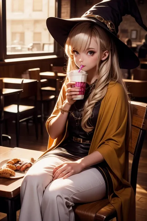 "Smooth Quality" 1female, gummy worm hair, colorful snake hairsa very long hair, snake eyes, cute face, witch hat, magical cape, long dress, snakes, sitting on chair, desk, on desk, cafe, drinking milkshake, dutch angle, cowboy shot, 