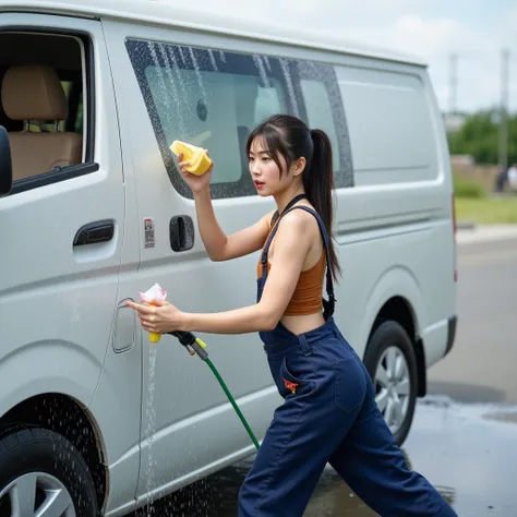  Masterpiece、 best image quality、1 person、 Japanese woman、 tank top、Coveralls、Wearing boots、Are you washing a Toyota Hiace、Sponge on the right hand、Water hose on the left、