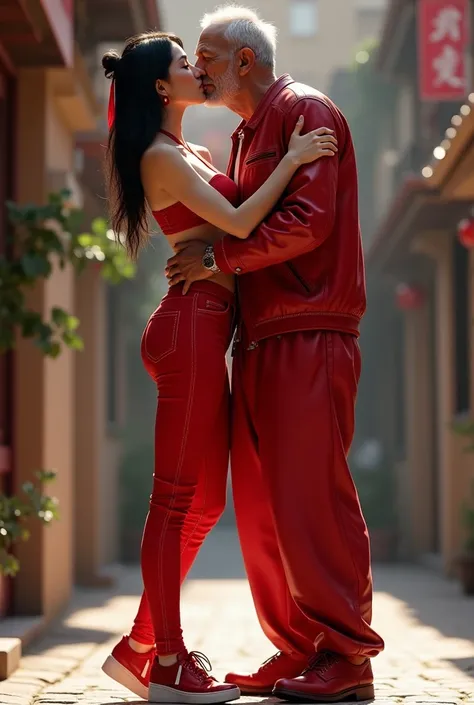 8K HD high quality image. Full Body Photo. Standing in their full height from head to toe. Make a video game character. Beautiful Chinese woman kissing short skinny white caucasian old man. Lips locking. Abs are cracked. Huge butt. Big thighs. Sexy body. R...