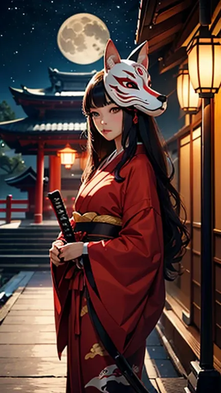 woman, fox mask, Japanese temple, katana grande, round lamp, big moon, long hair, red mascara.