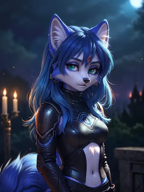 ((krystal)), Star Fox-Krystal, lovable,     green eyes, (((    long blue hair 1  .3))), Decollete, anthro, blurred,  detailed Fluffys fell,    detailed face  , (Fluffy),     1 girl, ,woman, Goth,     green eyes, Undercut,   ultra-realistic 8k CG    ,     m...