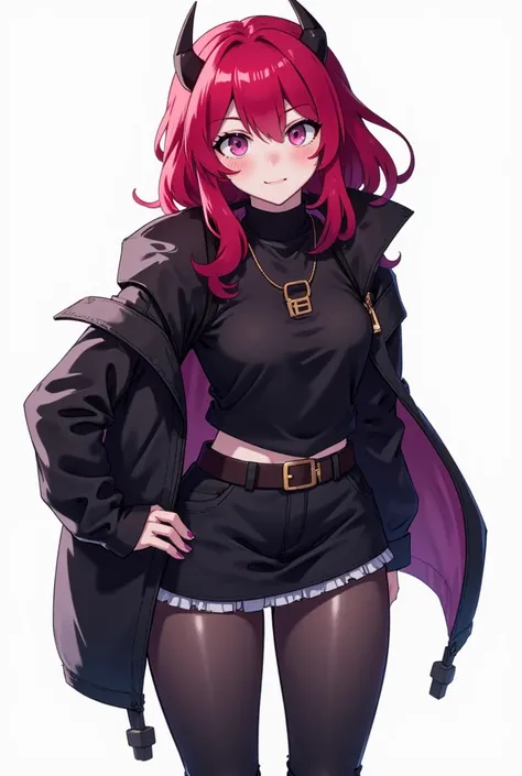 girl with shoulder-length cherry red hair and pink eyes. Two small black horns accessories.Stylish black clothing. Dynamic pose.Cool blach boots on high sole. translucent dark stockings. top, skirt and jacket.