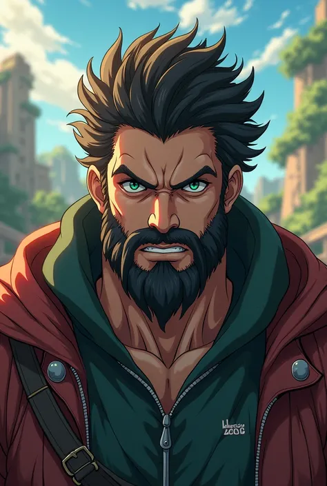 Dark brown medium curly hair, full strong medium beard, dark jade green eyes, tall and muscular in an anime world where I'm the protagonist 