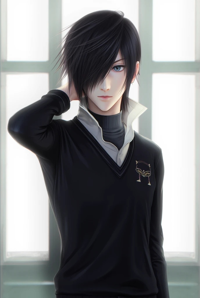 shaft head tilt, cowboy shot, masterpiece,best quality,ultra-detailed,Cinematic Lighting,llustration,araragi koyomi, solo, japan school uniform, 1boy, male focus, black hair, naoetsu high school uniform, hair over one eye, ahoge, standing, koyomi araragi, ...