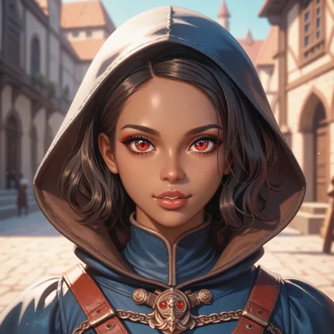 1girl, cute girl, adult, vampire, (dark skin, ebony girl), short-medium hair, hooded, assassin, red eyes, lips, blue black clothing, slim body, medieval, fantasy, RPG, masterpiece, best quality