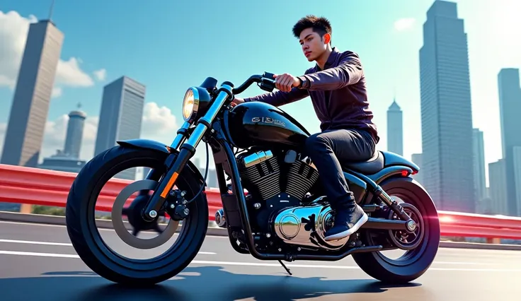 A young Korean guy is riding a cool motorcycle