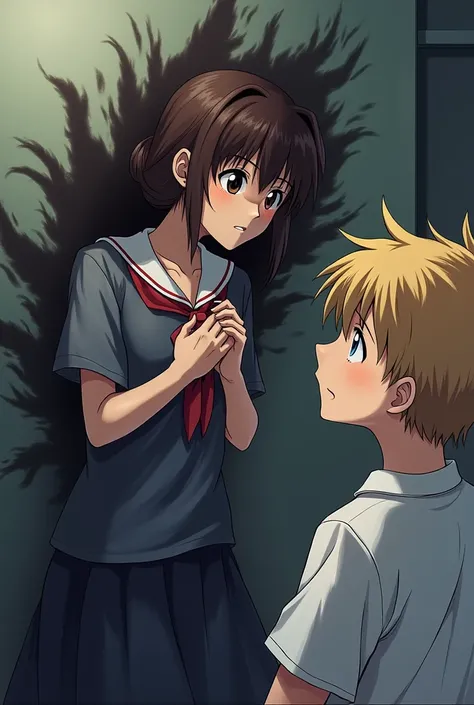 A brown hair girl whit brown eyes highschool.
A dark inner power holding her neck and not allowing her to talk and a blonde boy whit blue eyes looking at her anime