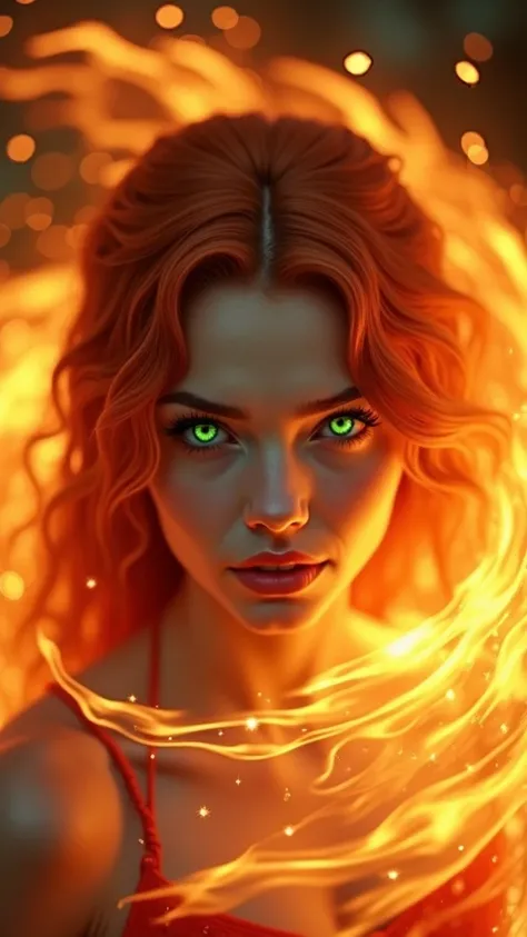 redhead woman, aux yeux verts, surrounded by flames