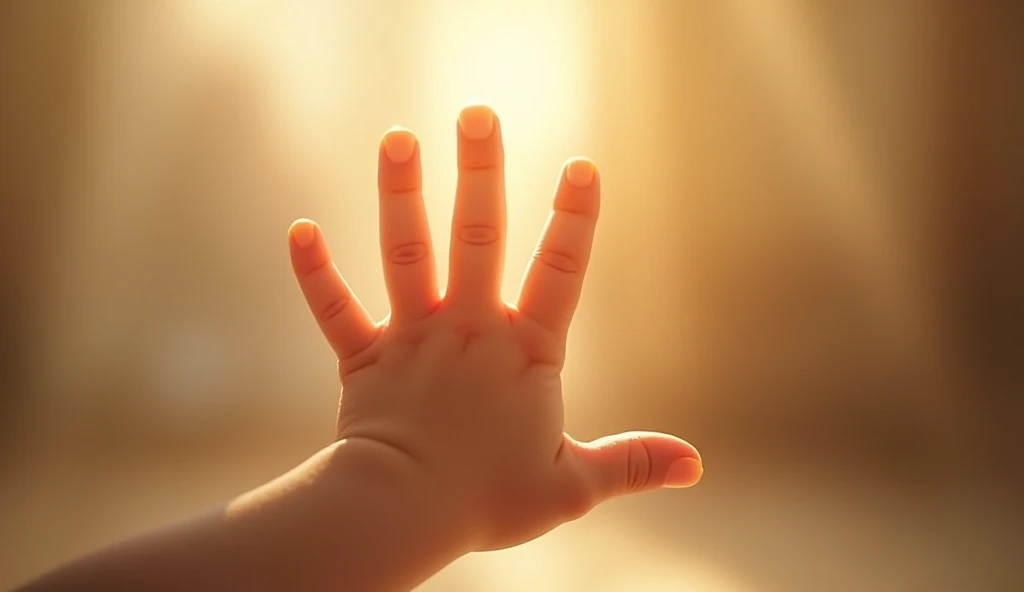 A ’s small hand is stretched out, showing five fingers in a playful gesture. The background is blurred with warm tones, emphasizing the innocence and joy of early hood."