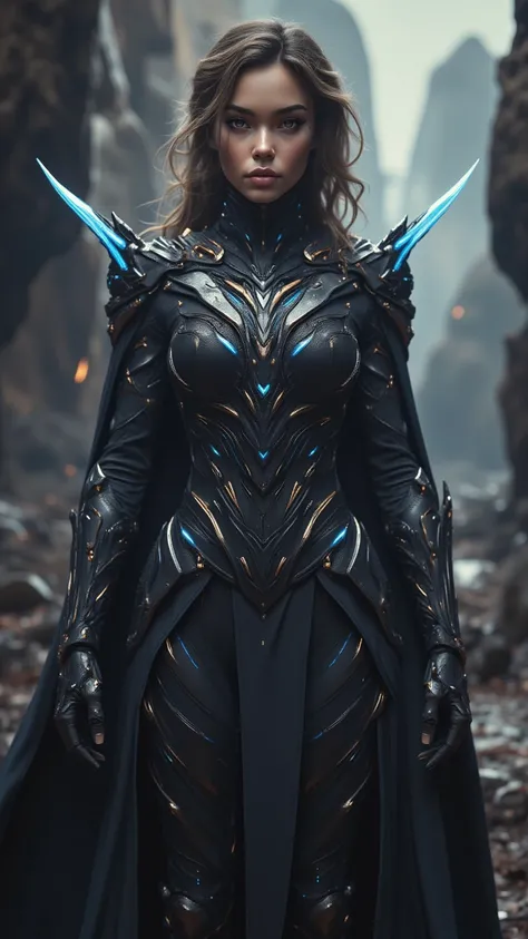  big dark eyes, aura, light brown wavy long hair, Black and blue sci-fi armor, Sci-Fi Style,  high quality,  atmosphere, war