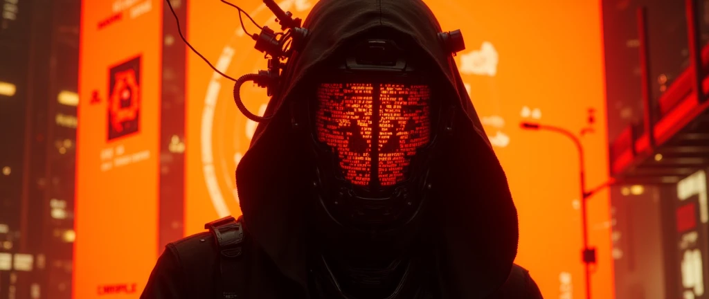 stunning  tangarine cityscape apoclypse A cyber information scout clad in dark mechanical armor, equipped with advanced visual devices that hide their face behind a glowing display - ASCII art is visible on the screen. A luminous, tangerine neon-lit backgr...