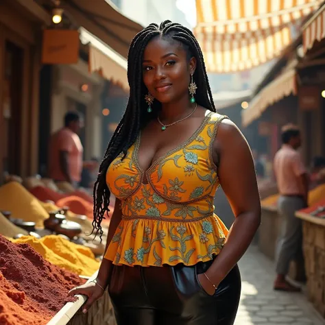 A curvaceous Black woman in a jacquard peplum top with 3D floral embroidery in marigold and sage, tucked into wide-leg leather culottes. She browses spices at an Istanbul bazaar, her hair in a braided crown, a single emerald nose ring catching the sunlight...