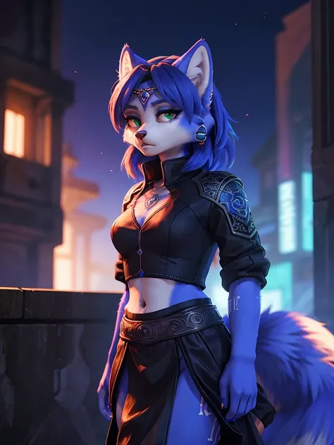 ((krystal)), Star Fox-Krystal, lovable,     green eyes, (((    long blue hair 1  .3))), Decollete, anthro, blurred,  detailed Fluffys fell,    detailed face  , (Fluffy),     1 girl, ,woman, Goth,     green eyes, Undercut,   ultra-realistic 8k CG    ,     m...