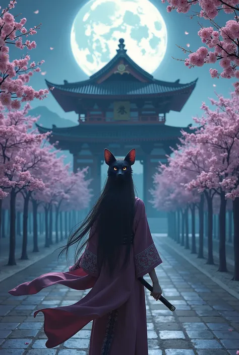 Japanese temple with a , sakura trees, a moon and a woman in a fox mask holding a katana and a dragon flying in the sky 