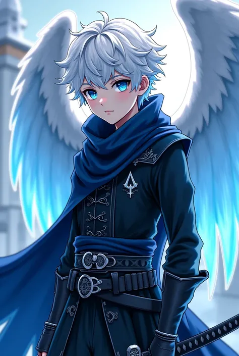 Friend, I want you to create an image in your anime of a boy with curly white hair, light, snow-white skin, curly white hair, crystal blue eyes, angel wings on his back as white as snow, Assassin's Creed clothing, all black with details is blue, that blue ...