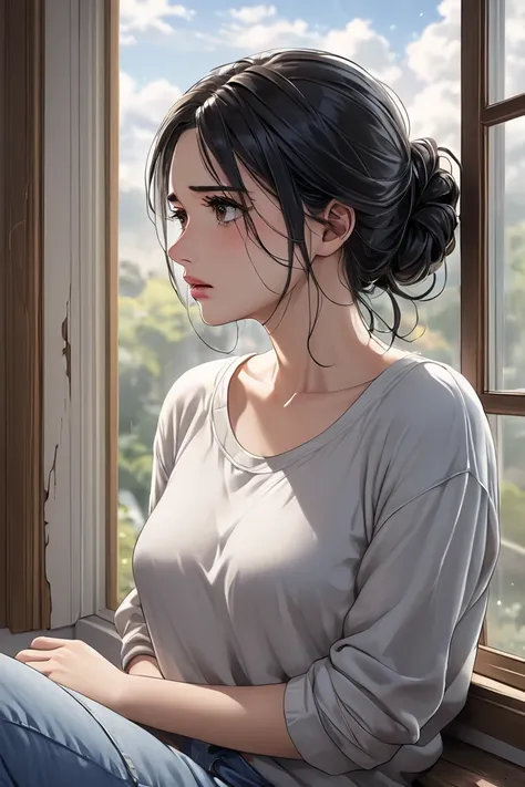 (masterpiece, best quality, 8k, high definition), whole body, 1 adult woman, black hair loosely tied back, Mid-chest, soft hazel eyes, soft lips, beautiful face, natural light, detailed background, Detailed Illustration Art, wearing casual clothes, looking...