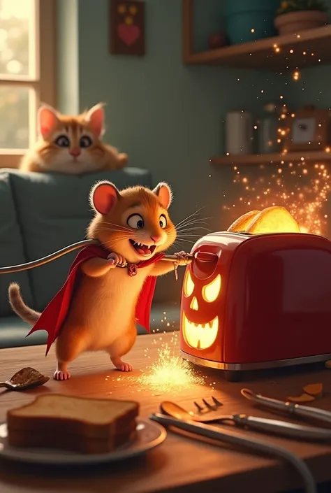 "A brave, heroic hamster wearing a tiny red cape is biting a power cord to defeat an evil, glowing-eyed toaster. Sparks are flying as the toaster malfunctions, its sinister face flickering in distress. The hamster has a determined and intense expression, g...