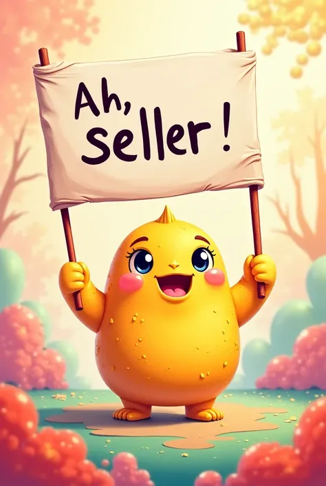 A cute and eye catching cartoon smiling and holding a banner " AH SELLER"


