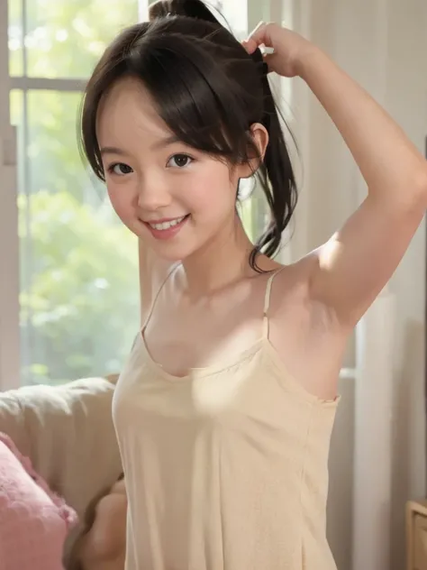 One girl, black hair, ponytail, BREAK, (cute camisole:1.4), (tt_flat), standing, upper body, ((armpit)), smiling, living room,