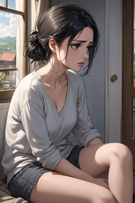 (masterpiece, best quality, 8k, high definition), whole body, 1 adult woman, black hair loosely tied back, Mid-chest, soft hazel eyes, soft lips, beautiful face, natural light, detailed background, Detailed Illustration Art, wearing casual clothes, looking...