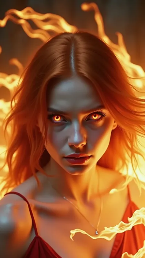 redhead woman, aux yeux rouges qui brillent, surrounded by flames