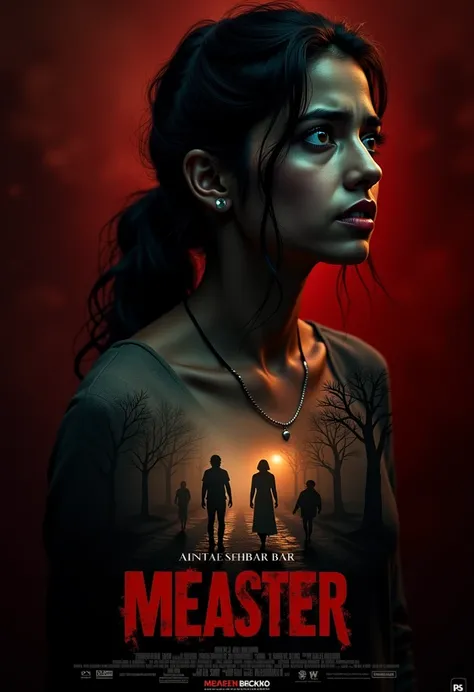 A haunting double exposure  movie poster featuring a young indian woman with a beautiful yet distressed expression, as she experiences a flashback to her past. Her face is superimposed with a surreal image of her past — a darker, eerie scene with shadows, ...