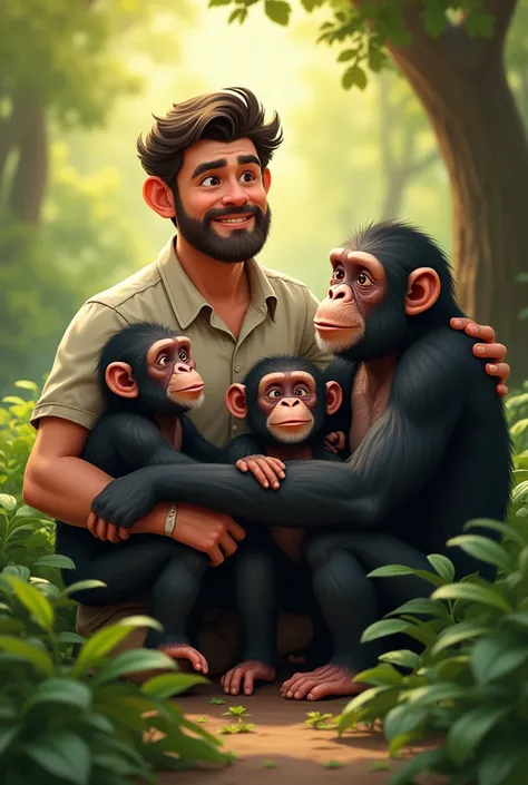 Create an image of a normal man in the company of a chimpanzee mom and her 2 chimpanzee ren