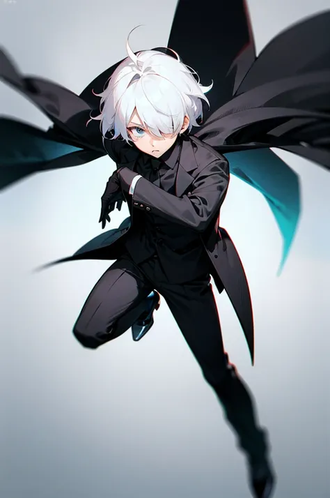 Anime man short black and white hair and one eye white and the other black, a suit one side white and the other side black and some black gloves 