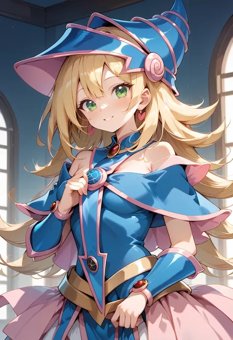 ((masterpiece, best quality, ultra detailed, high resolution, detailed facial description, perfect hands, perfect eyes)), (1 girl, solo), (blonde hair, very long hair, straight hair, blunt bangs), (light green eyes), (black magician girl costume), (clothes...