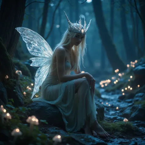 Night Fairy : Close up shot of a very pretty blonde age princess fairy , realistic face, surrounded by luminescent mushrooms and floating lights ,  is sitting on a rock in a nighttime and mystical landscape. shiny and crystalline halas