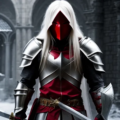 A male albino knight with long hair ,  wears heavy armor with a red hood and carries a long sword