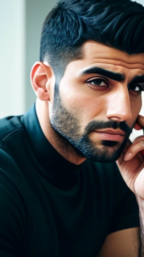  A short haired Lebanese man focuses on the face 