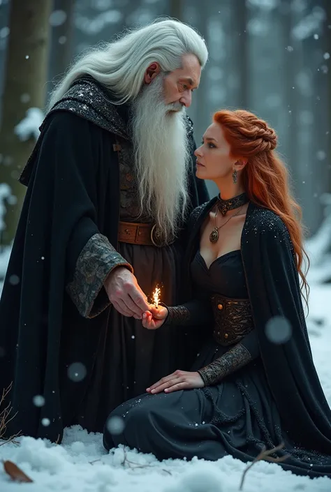 wizard men in his 30s, white hair,white long beard,  with his young seductive redblond female apprentice, she is doing a spell, kneeling in front of him, winter, flames in brown eyes,  black cloak, confident face, delicate detail. ultra details. highly det...